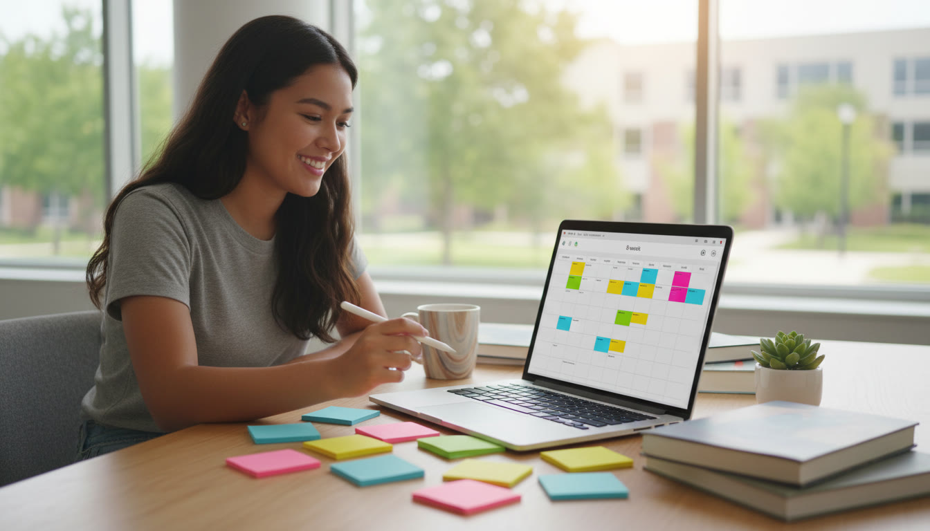 Photo Idea : A student at a desk with colored notes and a laptop, planning an 8-week schedule