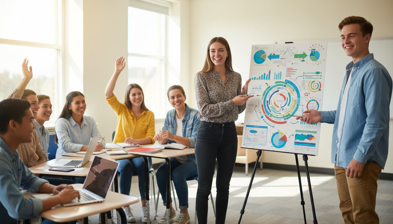 Photo Idea : Two students presenting a colourful poster of a data-driven project to classmates