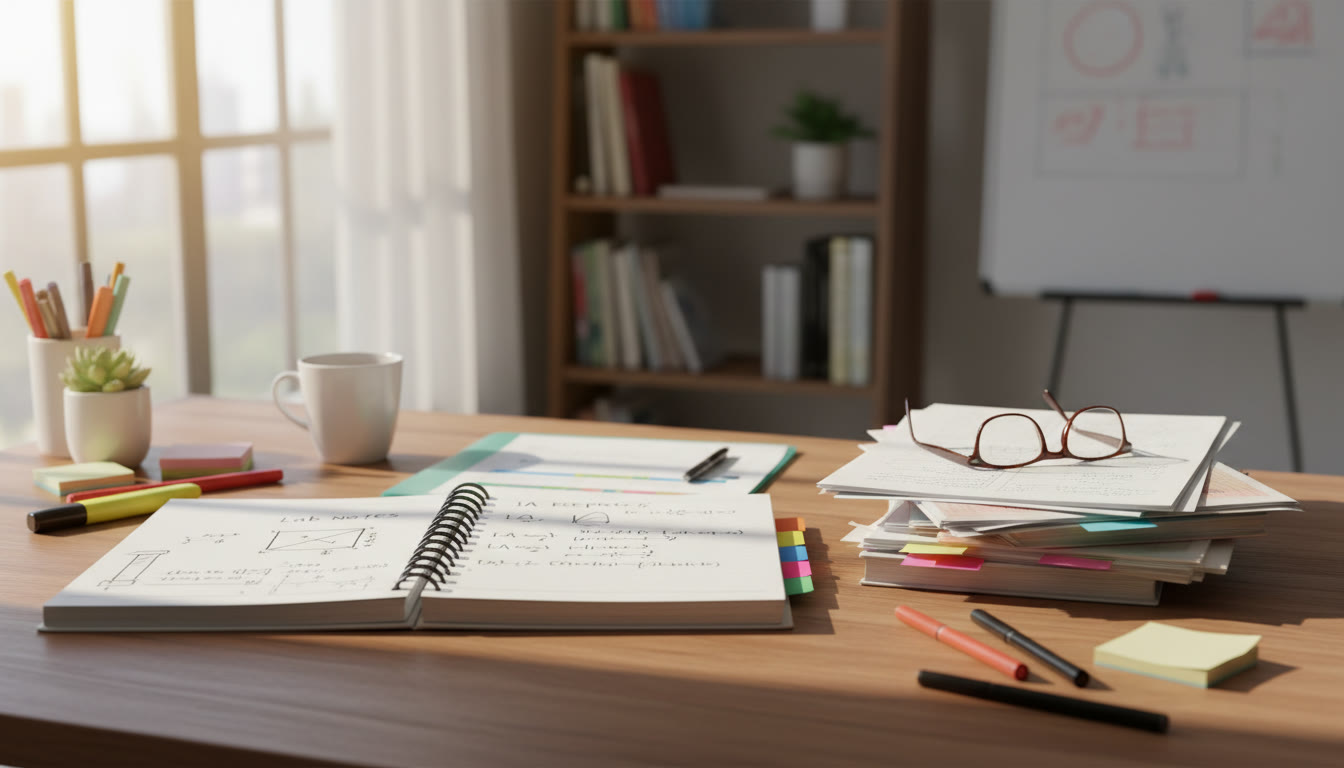 Photo Idea : A neat desk with an Extended Essay draft, lab notes, and a highlighted IA report