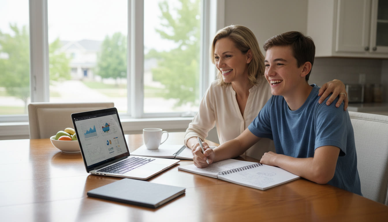 Photo Idea : Parent and teen at a kitchen table with notebooks and a laptop, relaxed and smiling