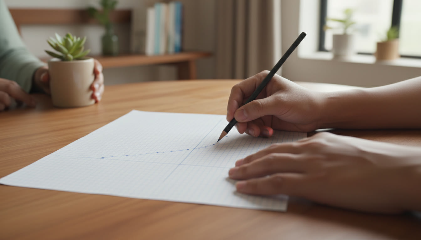 Photo Idea : Close-up of hands plotting a graph on graph paper with labelled axes and a pencil