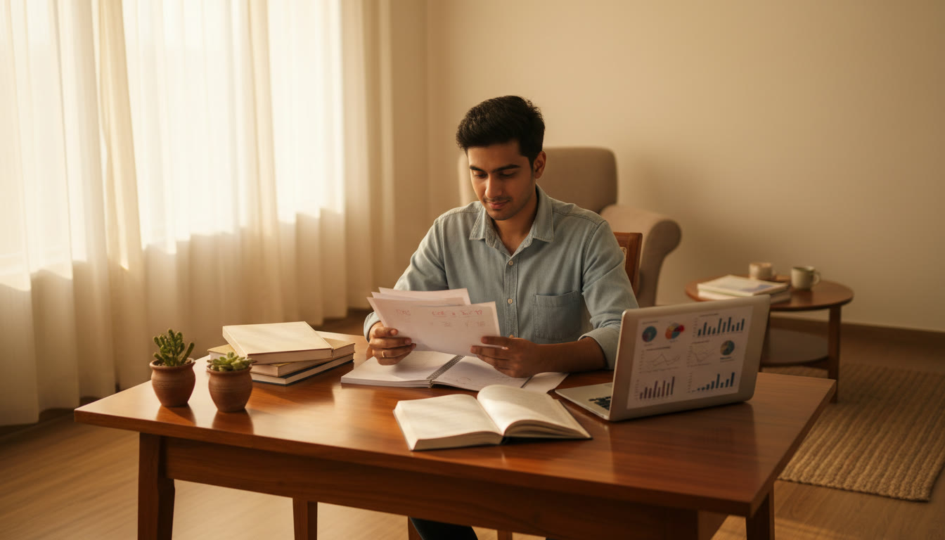 Photo Idea : A student at a desk surrounded by notebooks and a laptop, reviewing test papers with a calm expression