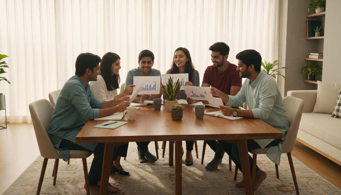 Photo Idea : A group of students in a study circle reviewing mock test results and sharing strategies