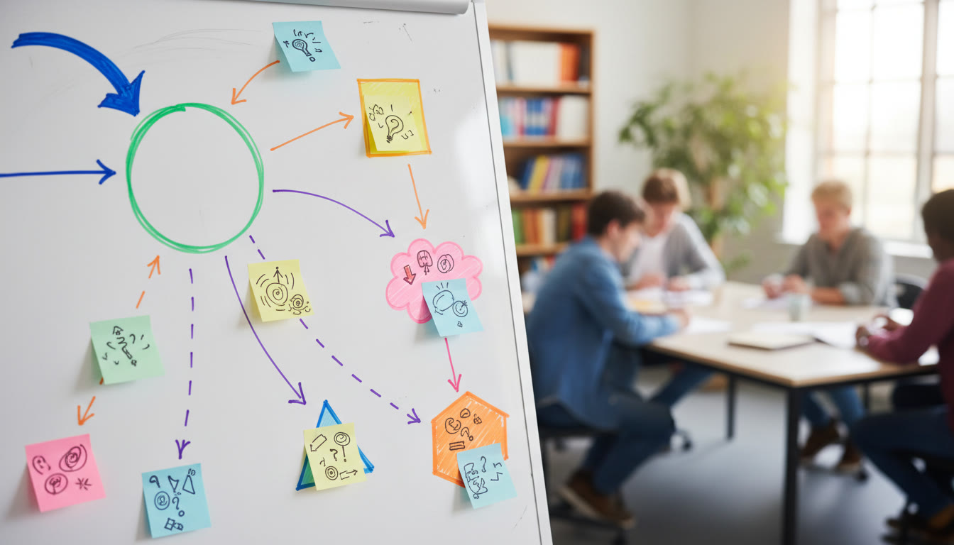 Photo Idea : Close-up of a whiteboard with a research question flowchart and post-it notes