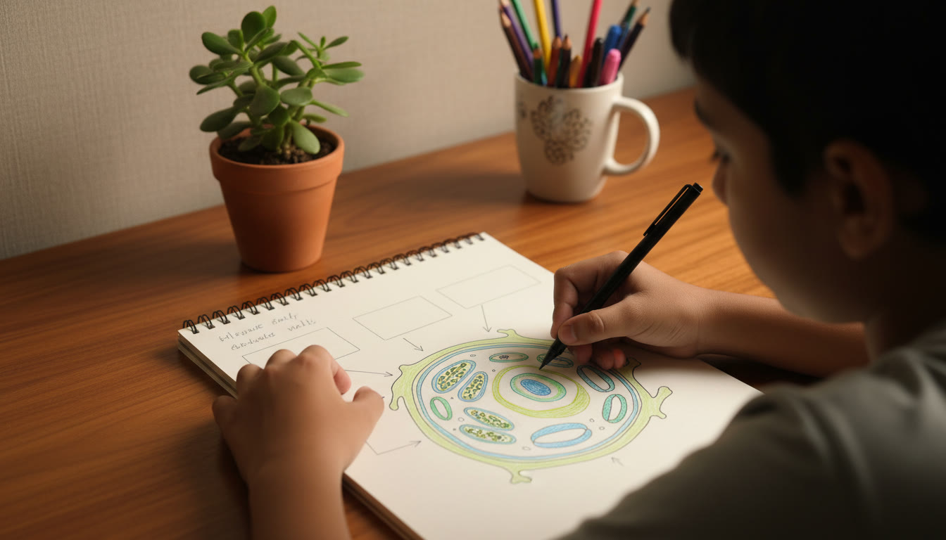 Photo Idea : Close-up of a student drawing a labeled biology diagram with neat handwriting and colors