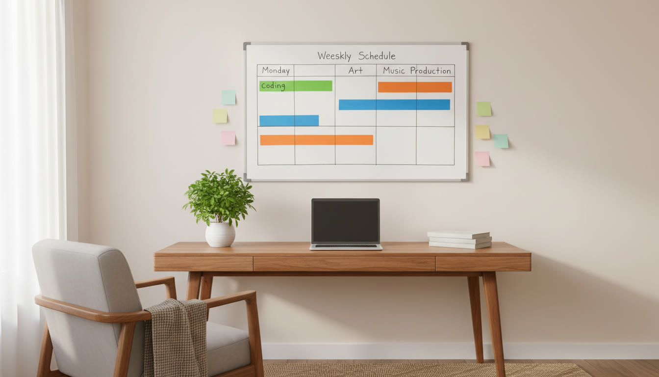 Photo Idea : Whiteboard with a color-coded weekly study schedule and sticky notes