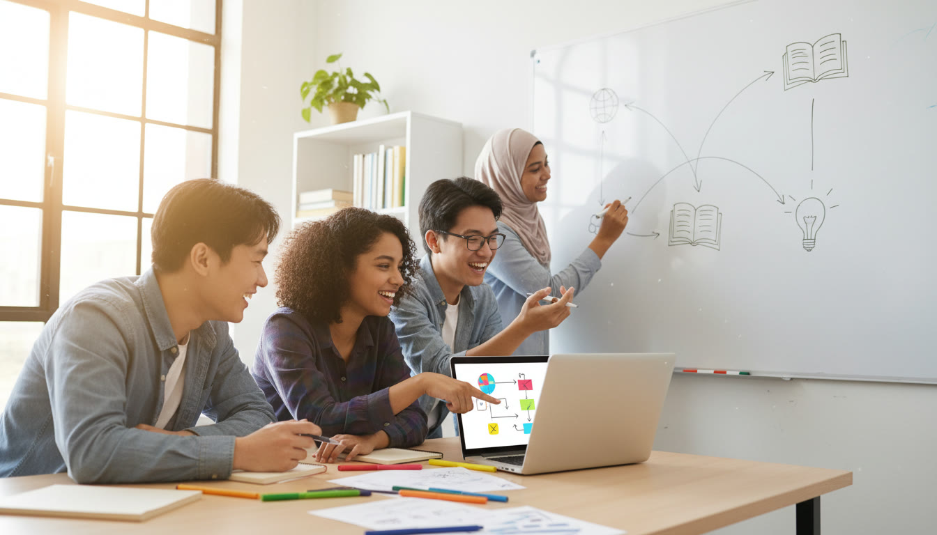 Photo Idea : A small, diverse group of IB students clustered around a laptop and whiteboard, sketching ideas and smiling