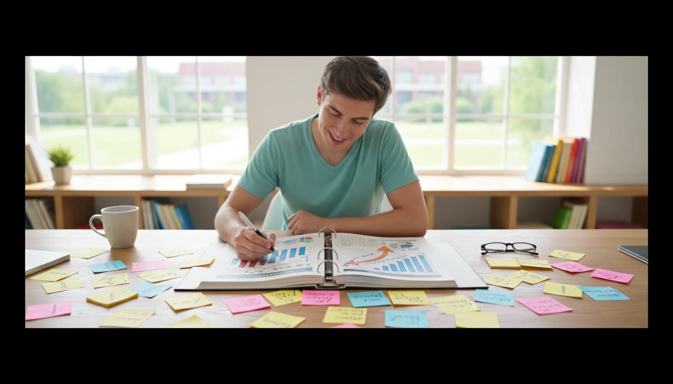 Photo Idea : A student at a desk annotating a Business Management case-study with graphs and sticky notes