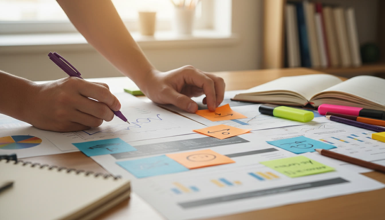 Photo Idea : Close-up of hands annotating printed project pages with color-coded sticky notes