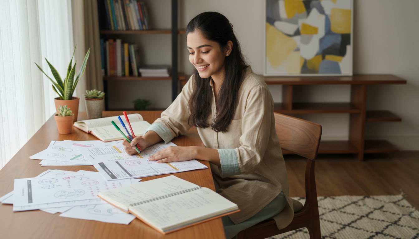Photo Idea : Student analyzing mock-test paper with colored pens and notes