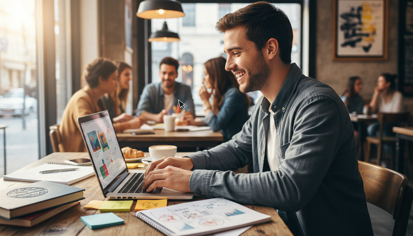 Photo Idea : Close-up of a student writing on a laptop at a café, scattered IB notes and a textbook nearby