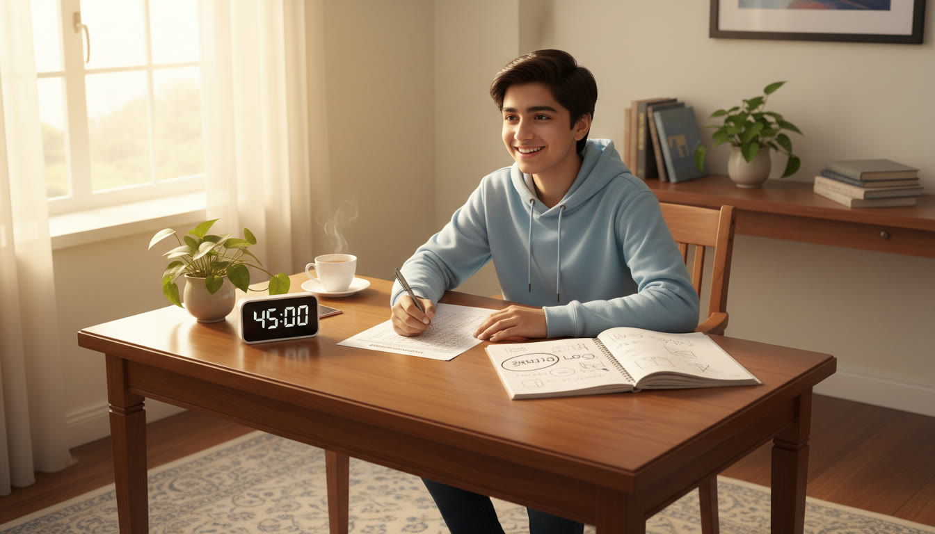 Photo Idea : A focused student at a desk with a timer, OMR sheet, and open notebook showing an error log