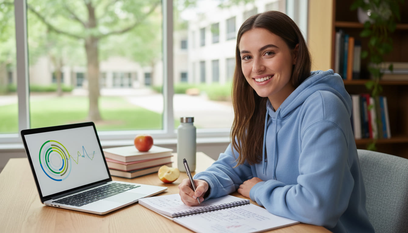 Photo Idea : A student writing in a notebook with a laptop open showing an activity tracker