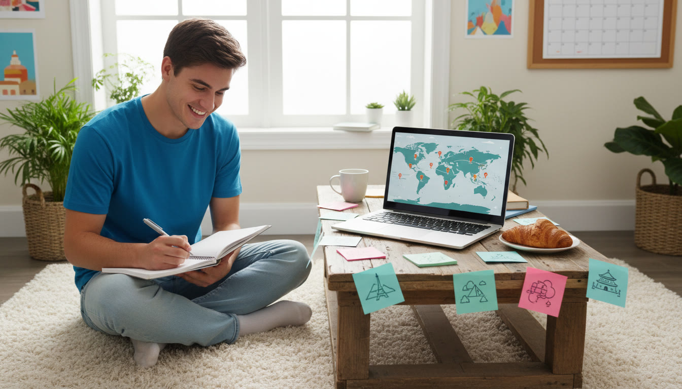 Photo Idea : A student writing in a notebook beside a laptop, planning a gap year itinerary with sticky notes and a calendar
