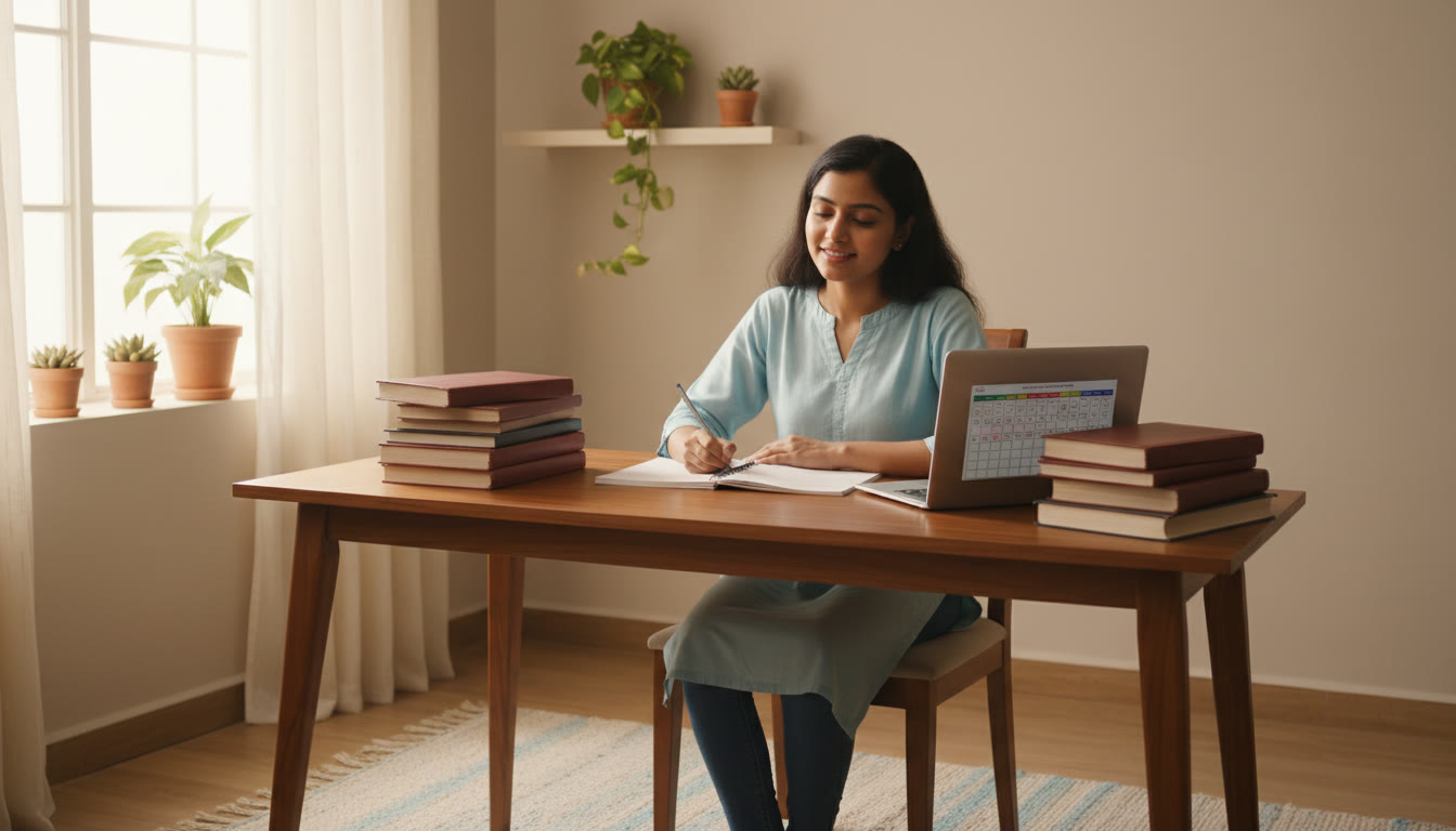 Photo Idea : A focused student at a desk with two stacks of books labeled