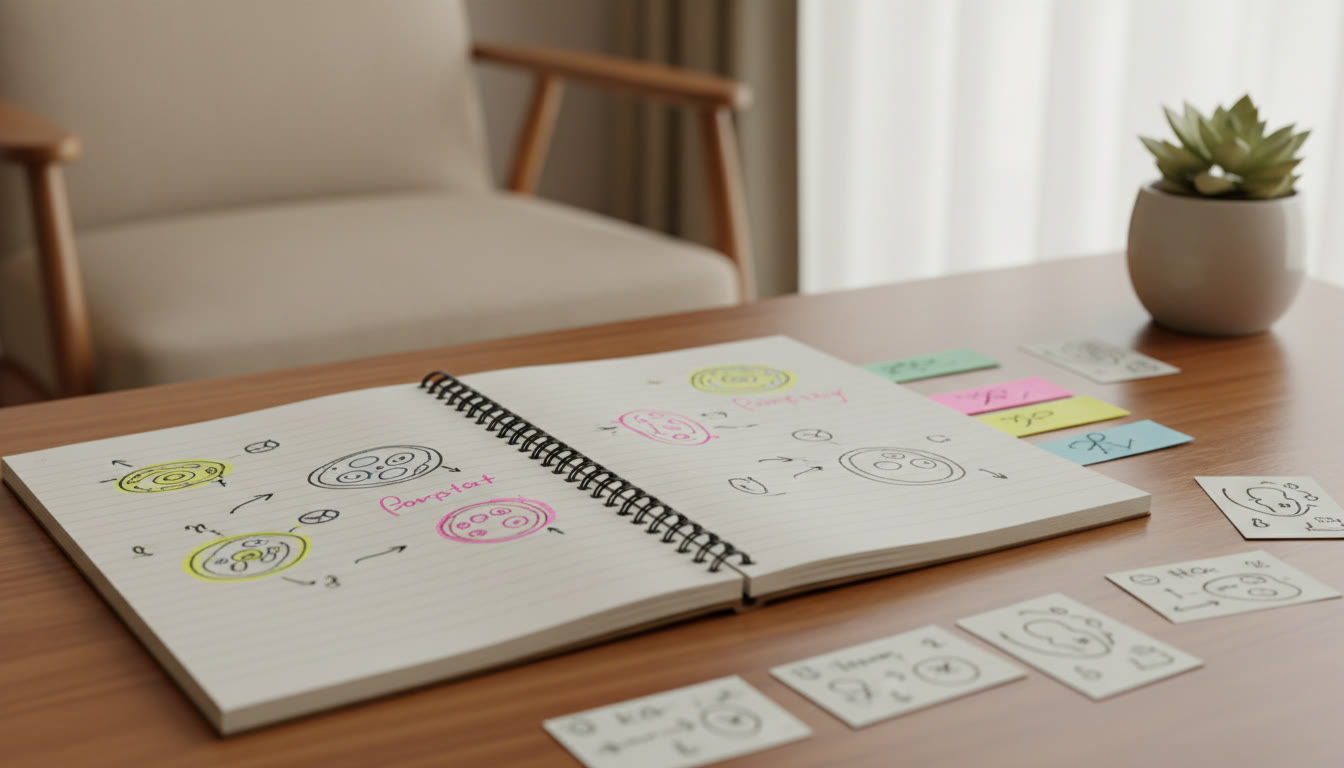 Photo Idea : Close-up of annotated notebook pages, a highlighted biology diagram and sticky flashcards