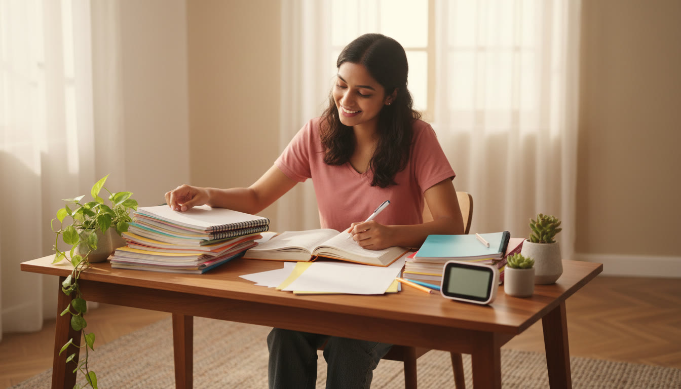 Photo Idea : Student organizing notes and writing neatly at a desk with a timer and open textbook