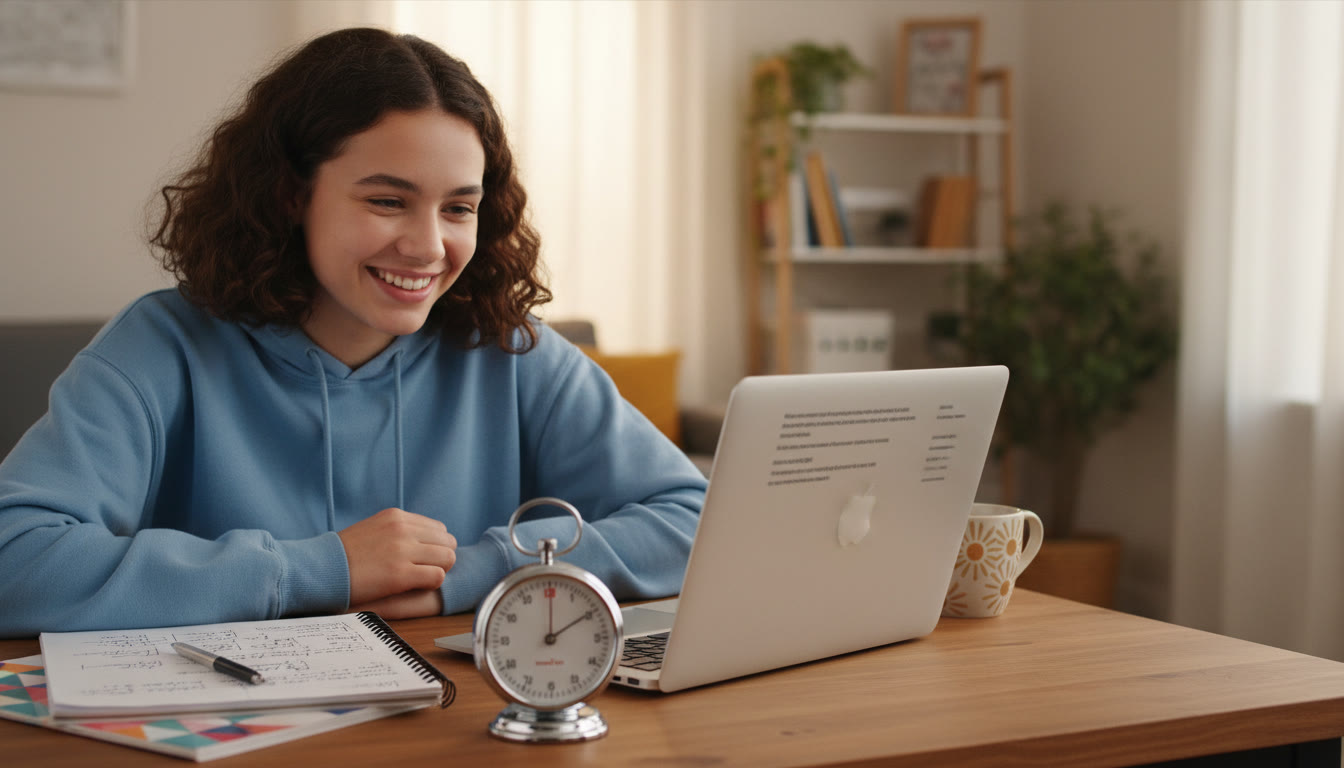 Photo Idea : Student at a desk with a small kitchen timer, notebook open, laptop displaying an essay draft