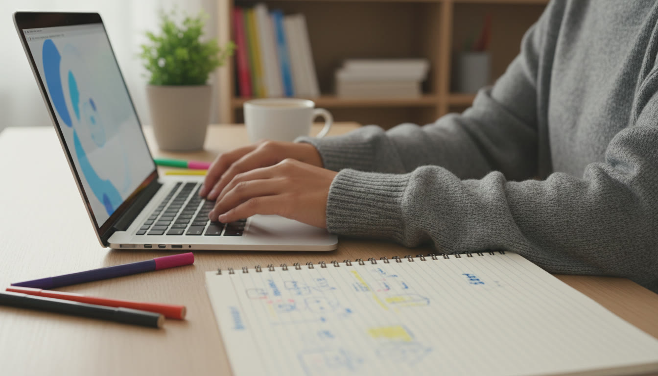 Photo Idea : close-up of a student’s hands typing on a laptop with handwritten revision notes nearby