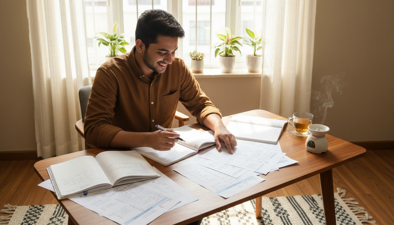 Photo Idea : Student at a desk comparing ISC notes and NEET MCQ sheets