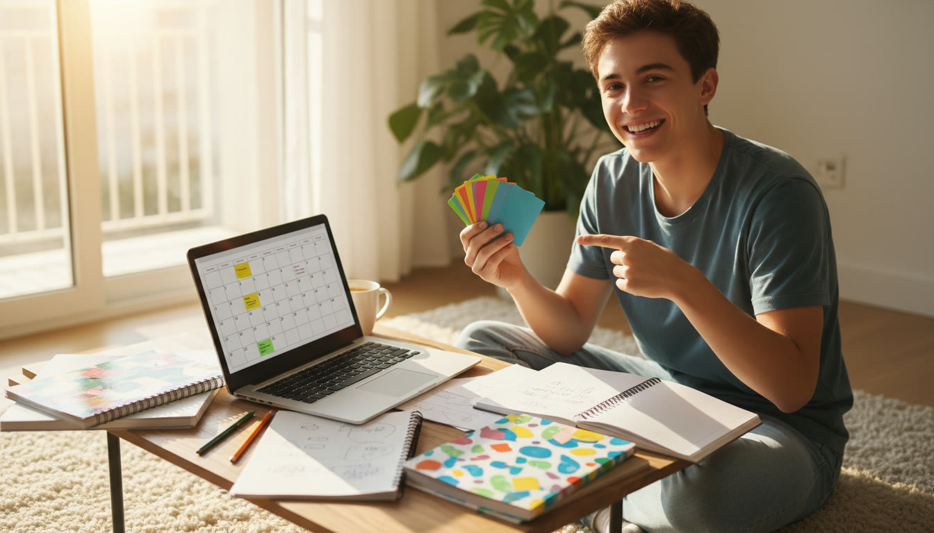 Photo Idea : A student using flashcards and a laptop with a digital calendar open, surrounded by subject notebooks