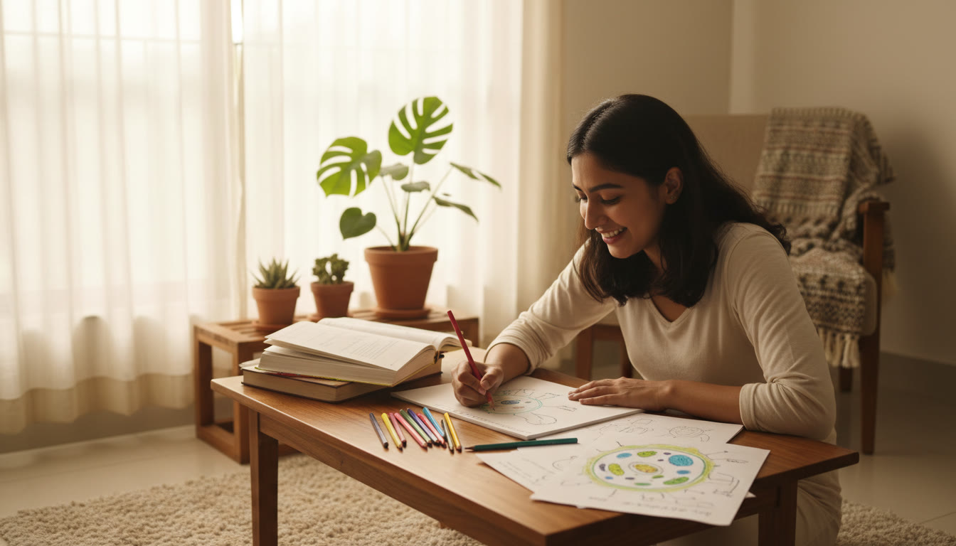 Photo Idea : A student sketching a labeled biology diagram with colored pencils and reference notes nearby