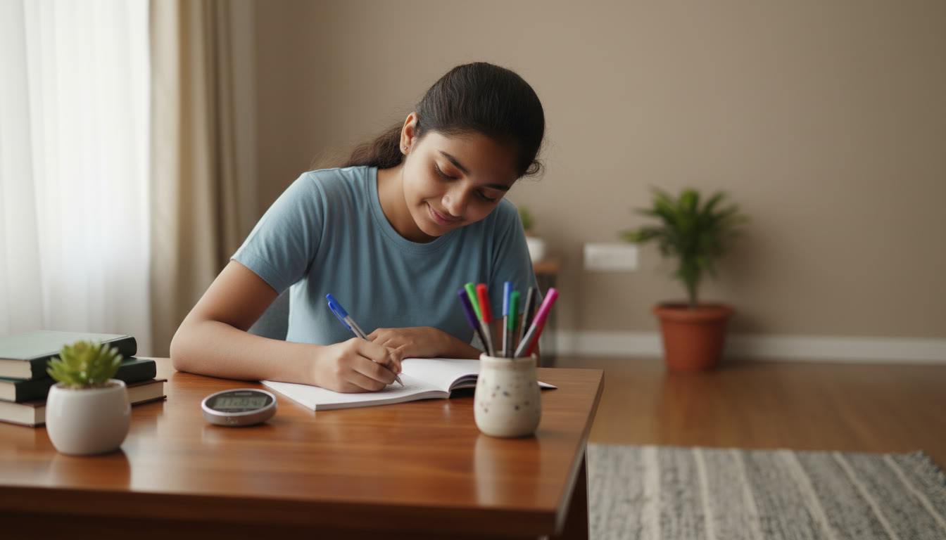 Photo Idea : A focused student writing answers neatly at a desk with color-coded pens and a stopwatch nearby