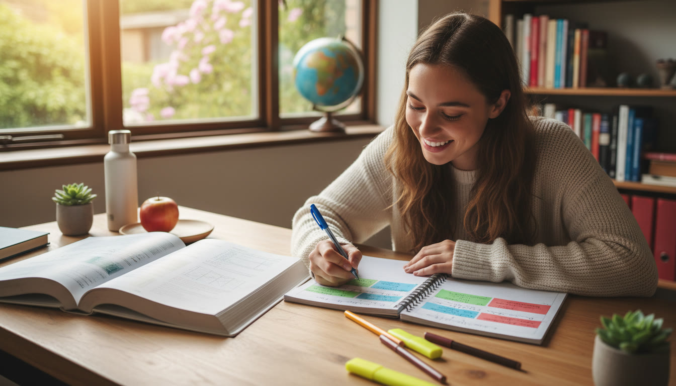 Photo Idea : A student switching between a math textbook and a biology notebook with neat color‑coded notes