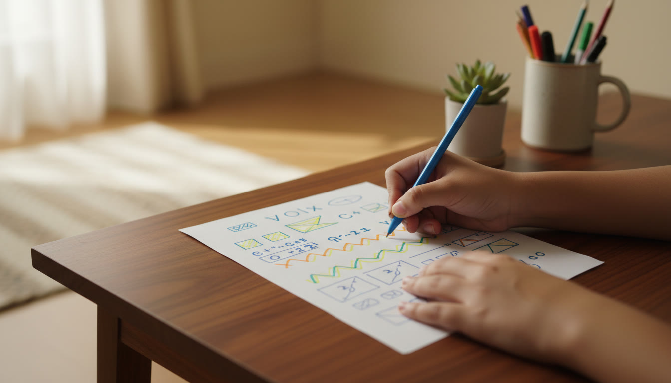 Photo Idea : Close-up of student writing a quick one-page revision sheet with highlighted diagrams and formulae