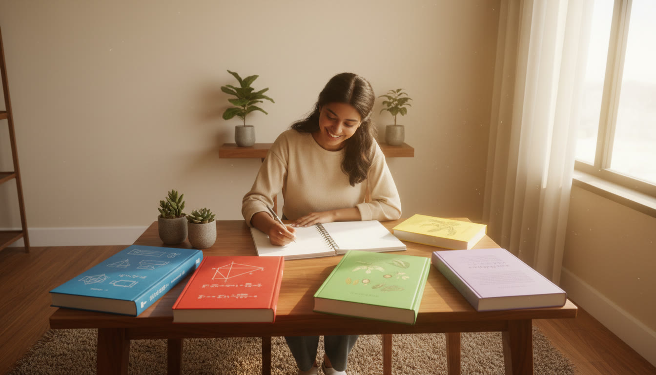 Photo Idea : Student at a desk with five subject books open, writing in a notebook