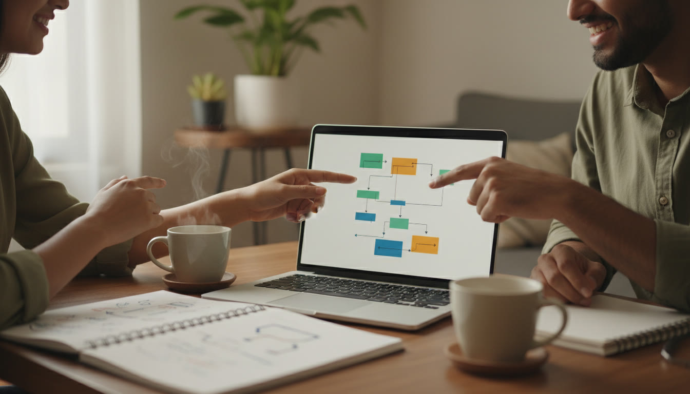 Photo Idea : A close-up of hands collaborating over a laptop screen displaying code and a flowchart, with notebooks and coffee cups nearby