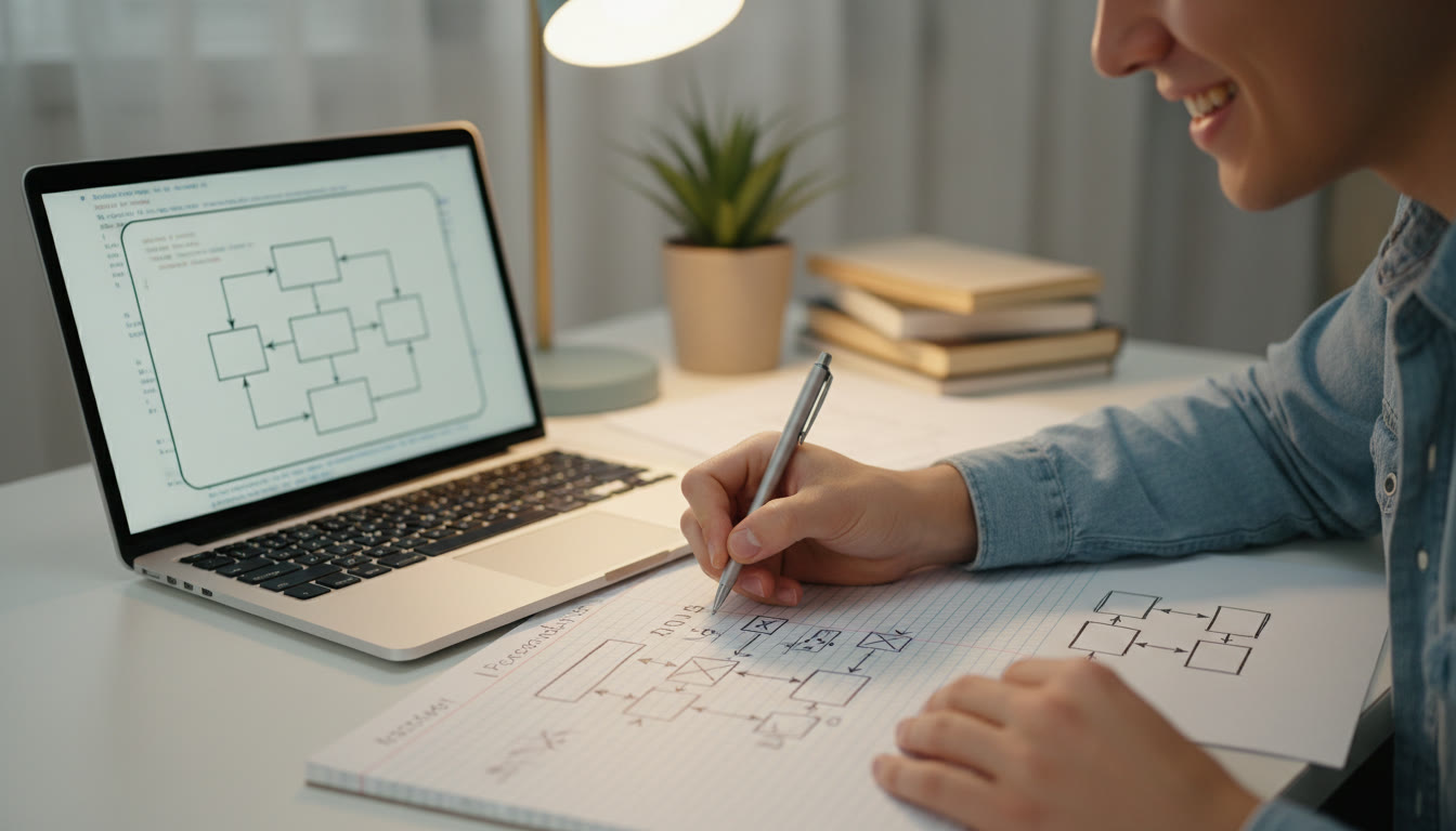 Photo Idea : Close-up of a student writing structured pseudocode on paper next to a laptop and a flowchart sketch