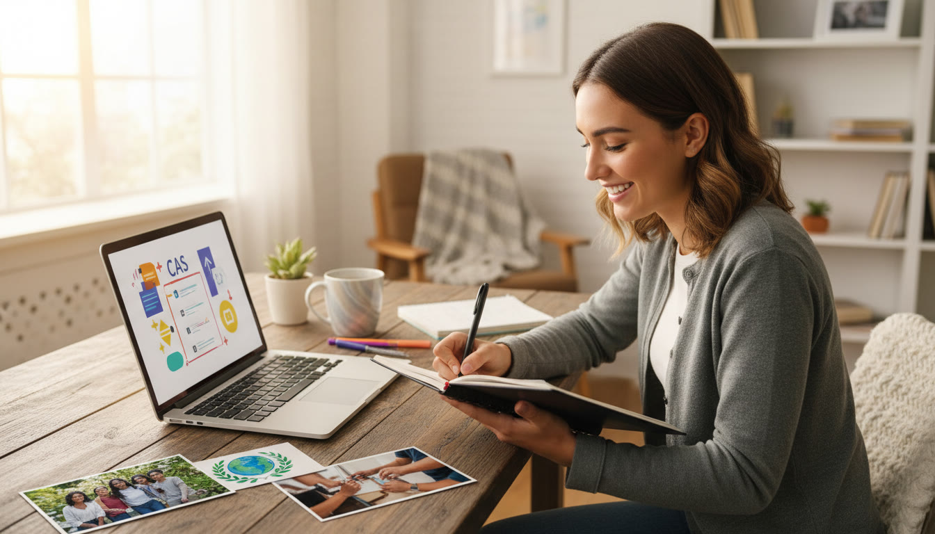 Photo Idea : a student writing in a notebook beside a laptop with a CAS checklist and photos spread out