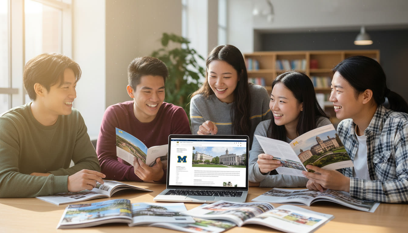 Photo Idea : A diverse group of IB students reviewing college brochures with a laptop open to the University of Michigan website