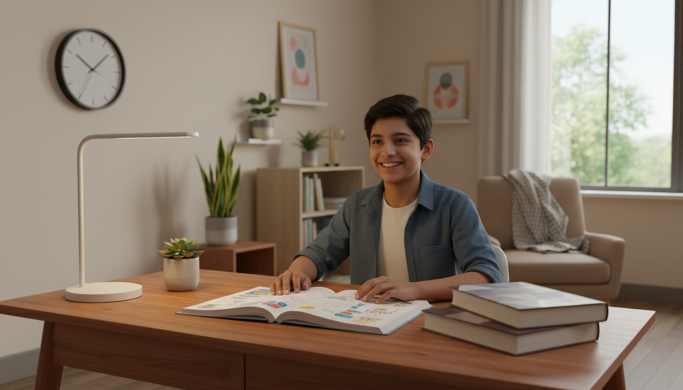Photo Idea : a student at a desk with an open planner, clock, and textbooks