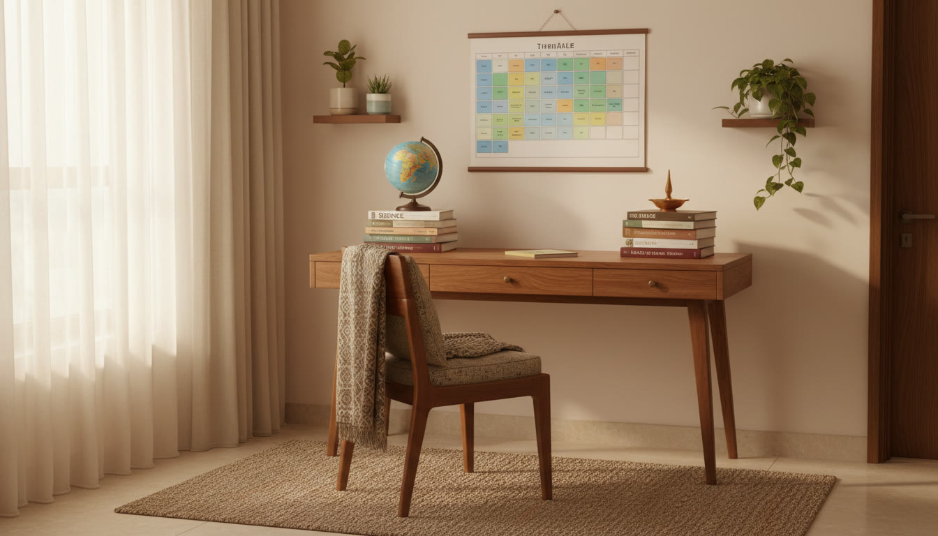 Photo Idea : A neat study desk with subject-specific stacks of books arranged and a colored timetable on the wall