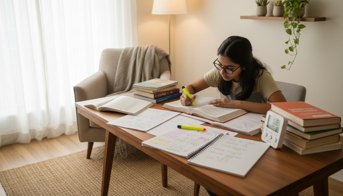 Photo Idea : A focused Class 9 student studying at a desk with open textbooks, colorful notes, and a timer