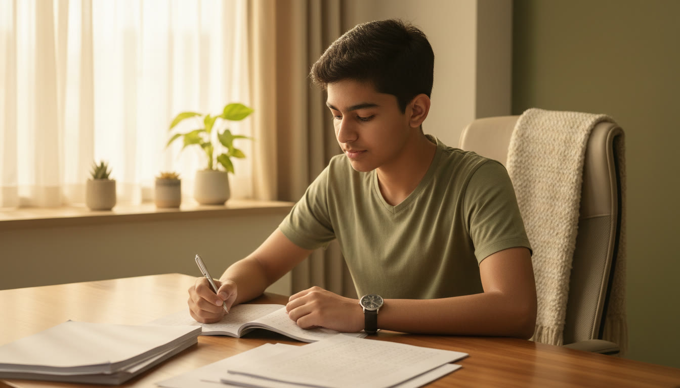 Photo Idea : A student sitting for a timed mock test, watch on wrist, papers, and a calm, focused expression