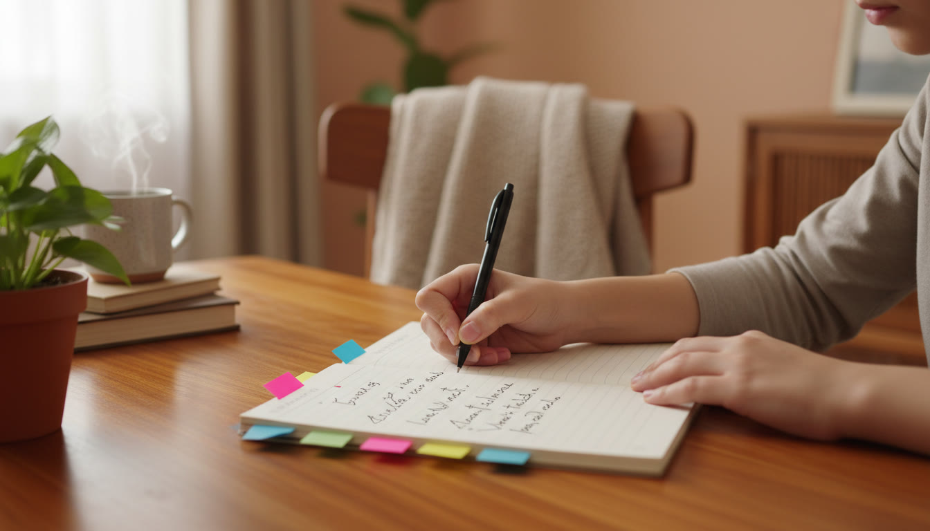 Photo Idea : Close-up of a student writing in a notebook labeled 