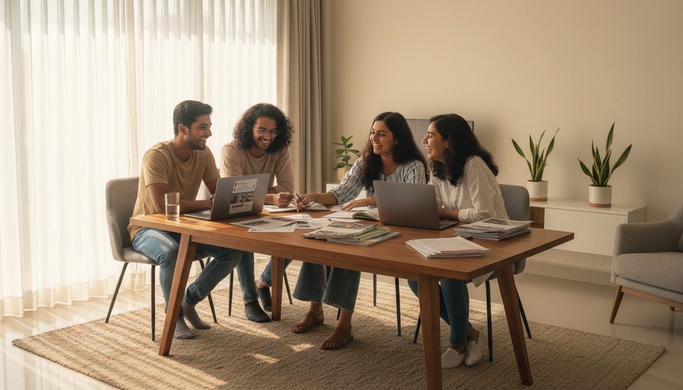 Photo Idea : A diverse group of students gathered around a table with laptops and printed college lists, sunlight streaming in.