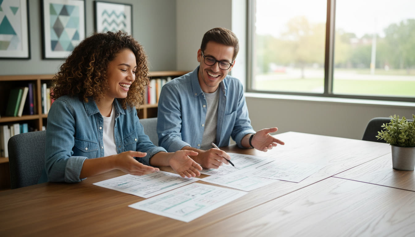 Photo Idea : Two students speaking with a school counsellor across a table with subject choice forms