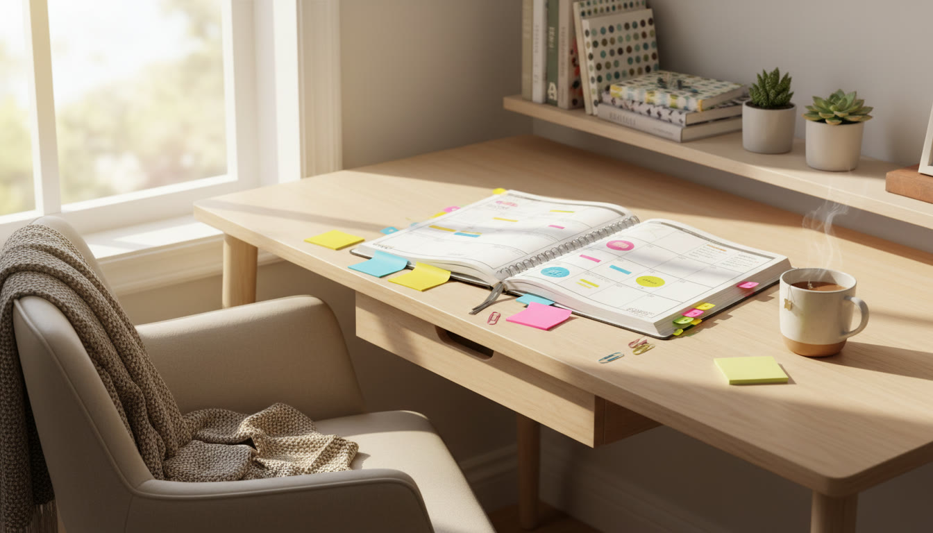 Photo Idea : A calm study corner with a planner, a mug, and sticky notes marking IA deadlines
