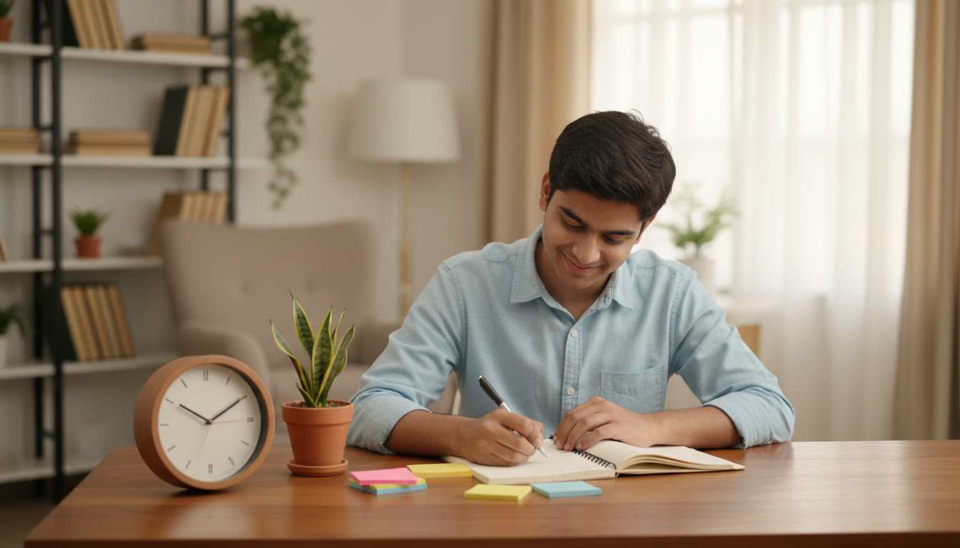 Photo Idea : A student at a tidy desk with an open notebook, colorful sticky notes, and a clock showing focused study time