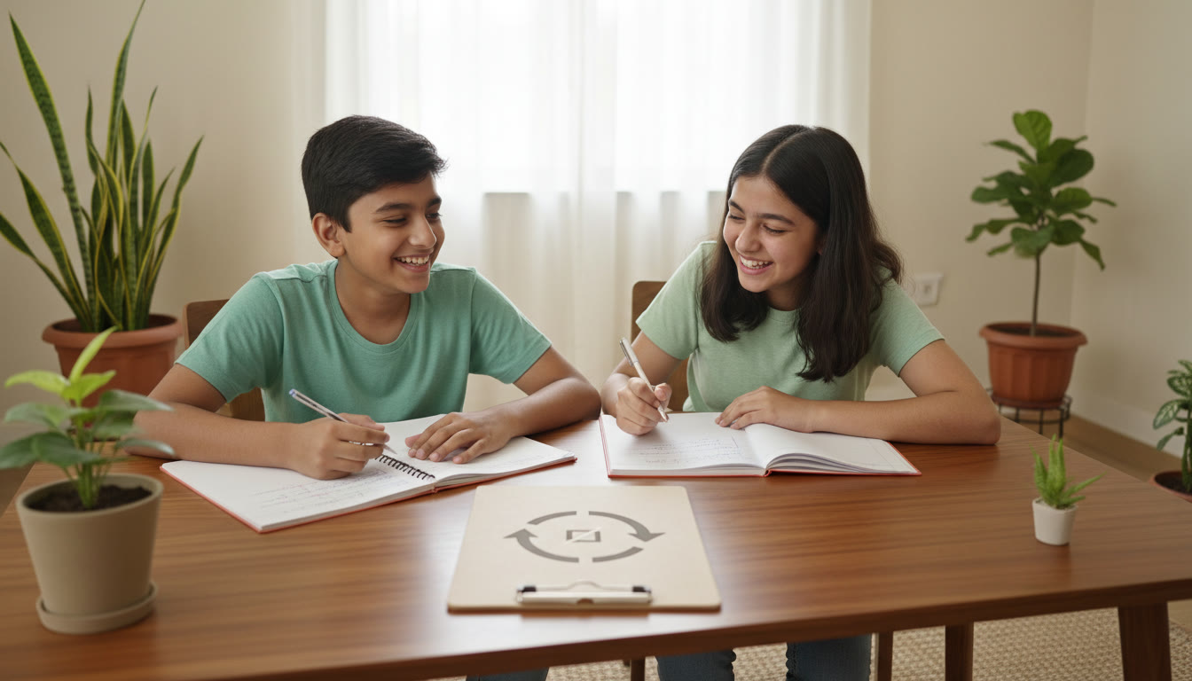 Photo Idea : Two students at a table comparing notes with a clipboard labeled
