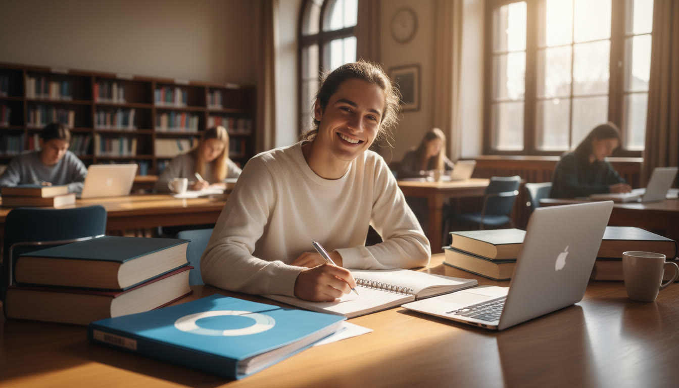 Photo Idea : Student at a sunny library desk surrounded by textbooks and a laptop, jotting notes with an IB binder visible