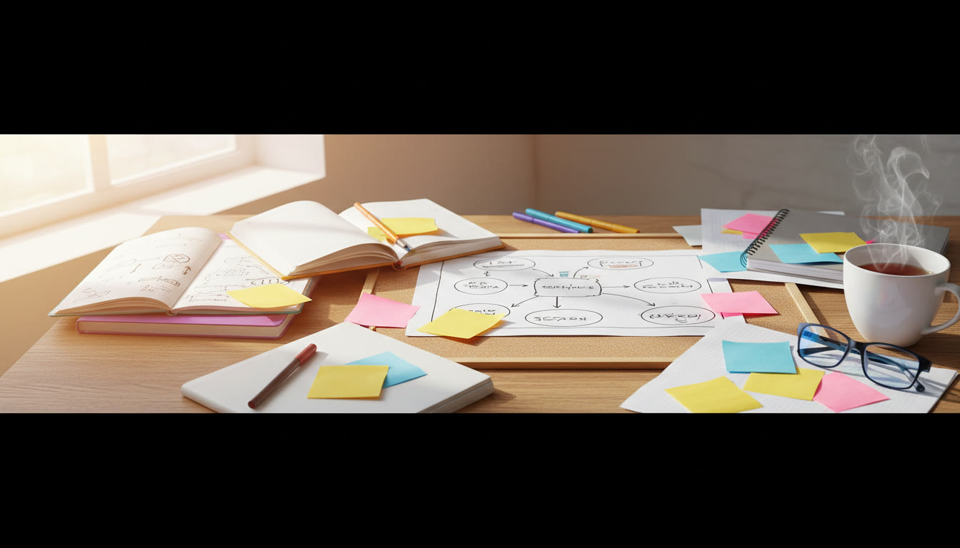 Photo Idea : Bright study desk with scattered notebooks, sticky notes, a half-written mind map and a steaming mug of tea
