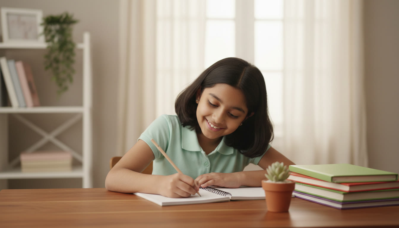 Photo Idea : Student at desk with open notebook, pencil, and focused expression