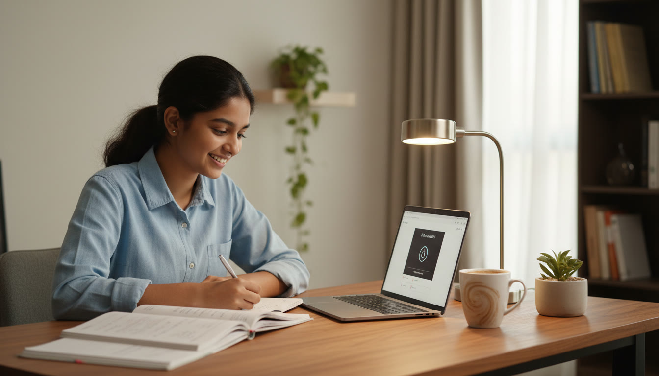 Photo Idea : A focused student at a tidy study desk with open notebooks, a laptop showing a practice test timer, and a cup of coffee.