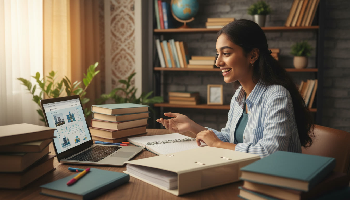 Photo Idea : A student at a desk surrounded by books, an IB binder, and a laptop showing a university website