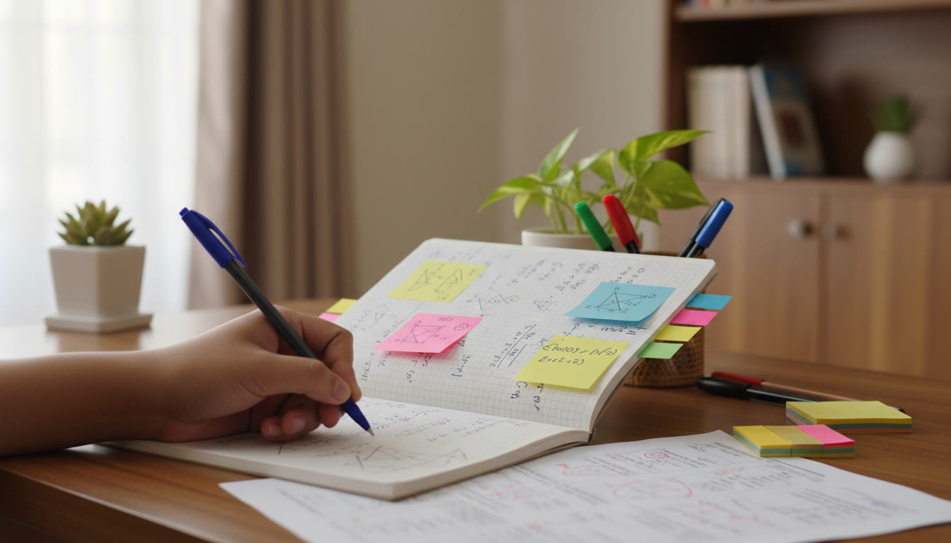 Photo Idea : Close‑up of a student’s hand writing in an error log with colored pens and sticky flags on a solved paper